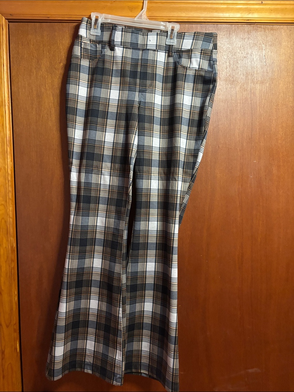 Cato Blue White Brown Plaid Flare Pants. Missing decorative button